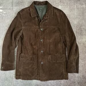 Men's J Crew Suede Dark Brown Leather Car Coat Lined Button Up Heavy Jacket Sz M
